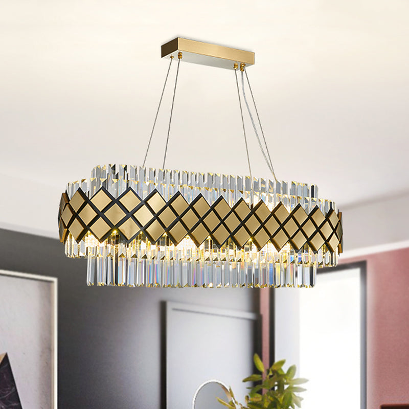 Contemporary Gold Pendant - Crystal Block Oval Island Light With 16-Light Dining Room Illumination