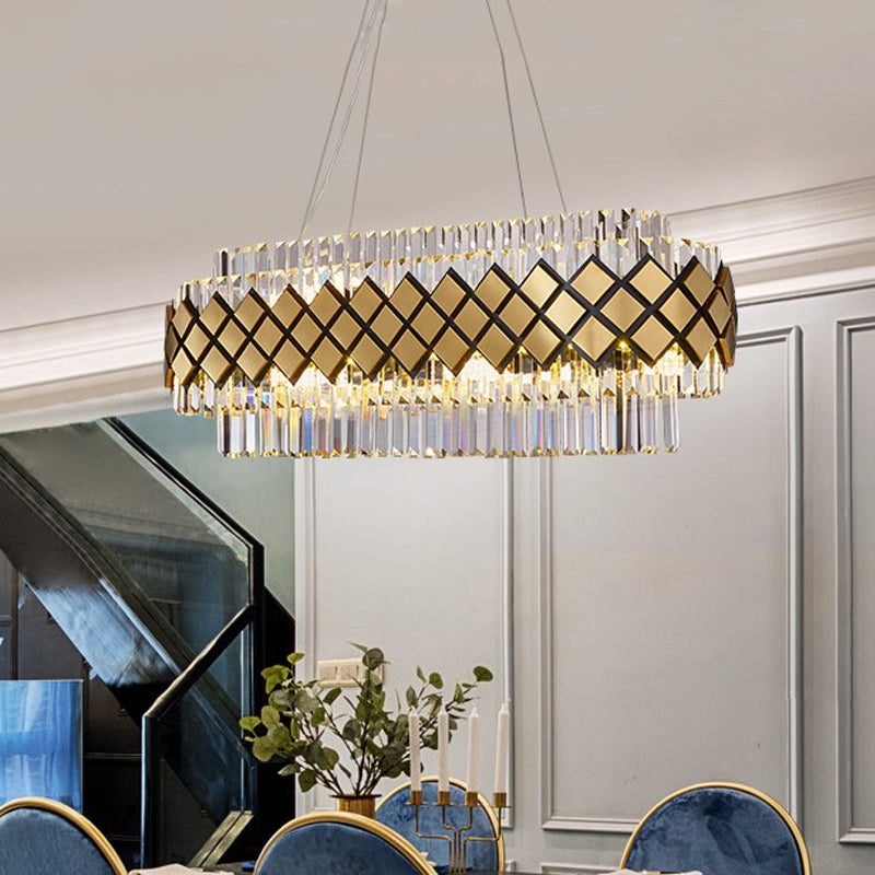 Contemporary Gold Pendant - Crystal Block Oval Island Light With 16-Light Dining Room Illumination