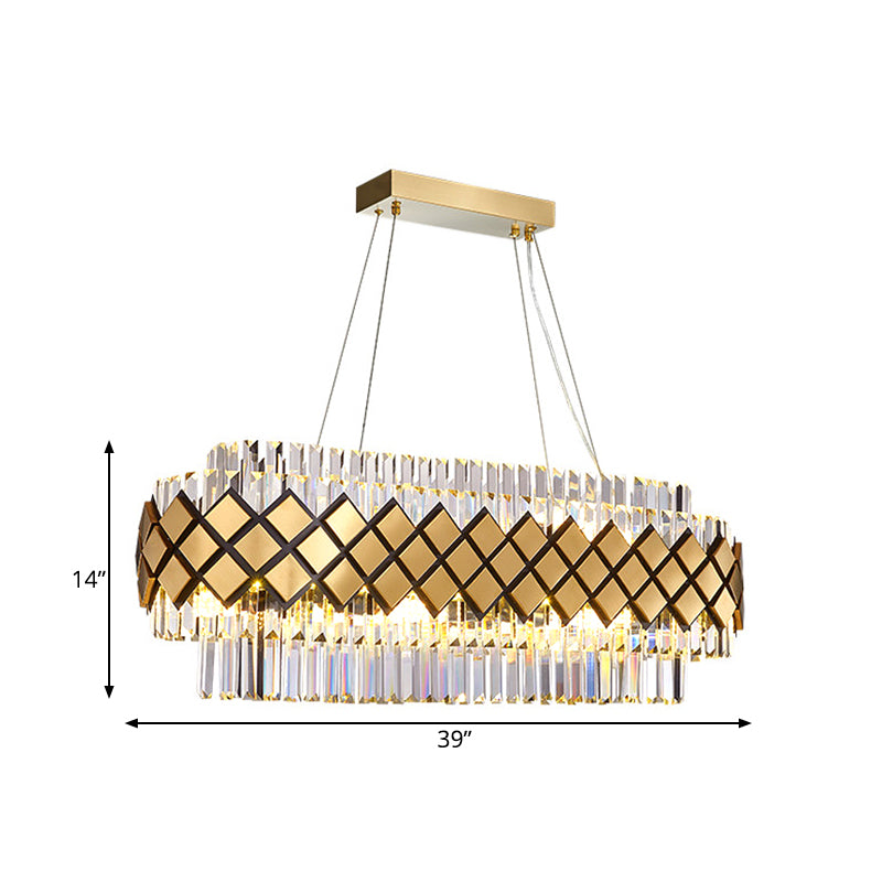 Contemporary Gold Pendant - Crystal Block Oval Island Light With 16-Light Dining Room Illumination