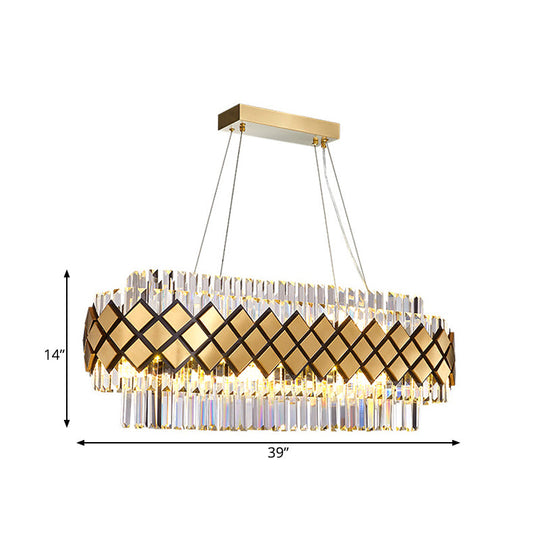 Contemporary Gold Pendant - Crystal Block Oval Island Light With 16-Light Dining Room Illumination