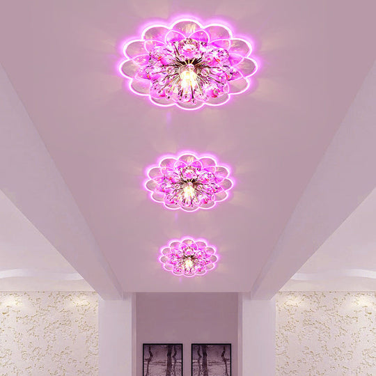 Modern Floral Led Flush Mount Ceiling Light With Beveled Crystal In Red For Porch Pink White And