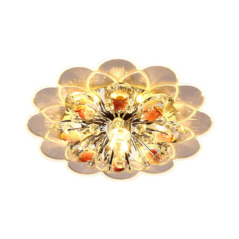 Modern Floral LED Flush Mount Ceiling Light with Beveled Crystal in Red for Porch, with Pink, White, and Warm Light Options.