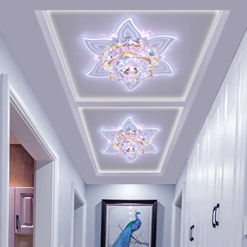 Yellow LED Bedroom Ceiling Lamp with Crystal Flower Shade - Warm/White/Multi Color Light