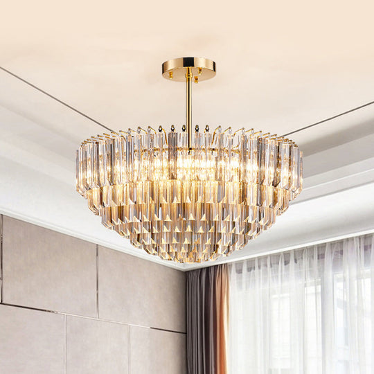 Modern Conic Semi-Mount Gold Crystal Ceiling Light Fixture with 10 Faceted Lights and Tiered Design