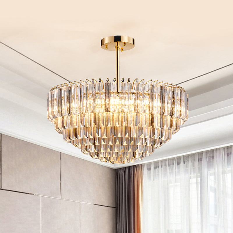 Modern Conic Semi-Mount Gold Crystal Ceiling Light Fixture With 10 Faceted Lights And Tiered Design