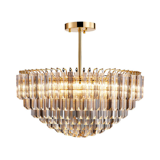 Modern Conic Semi-Mount Gold Crystal Ceiling Light Fixture with 10 Faceted Lights and Tiered Design