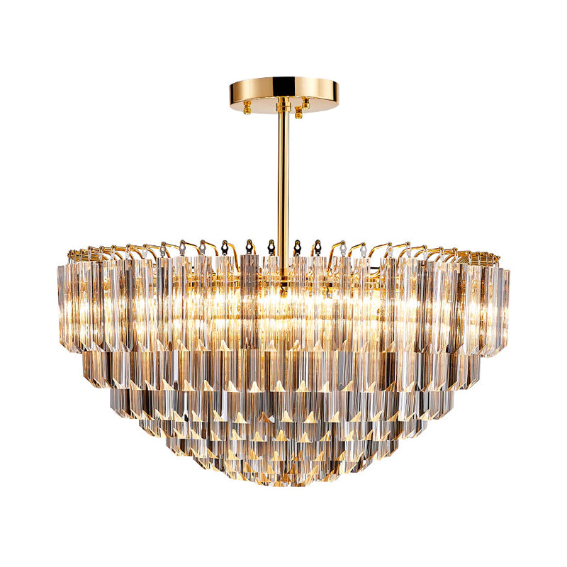 Modern Conic Semi-Mount Gold Crystal Ceiling Light Fixture With 10 Faceted Lights And Tiered Design