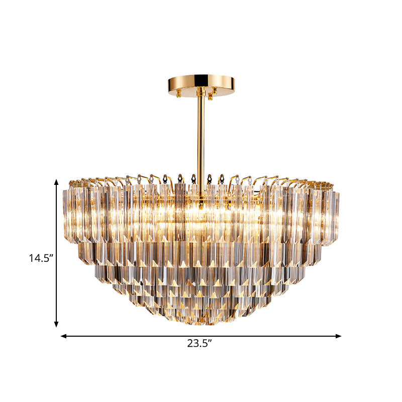 Modern Conic Semi-Mount Gold Crystal Ceiling Light Fixture with 10 Faceted Lights and Tiered Design