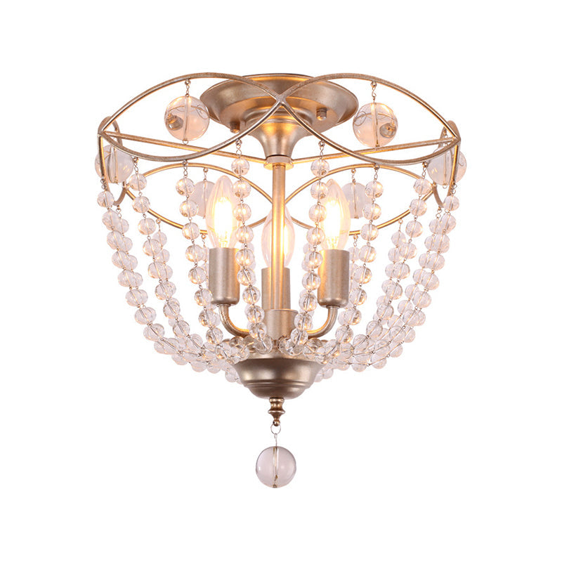 Rustic Basket 3-Light Crystal Strand Semi Flush Ceiling Mount in Gold - Bedroom Lighting