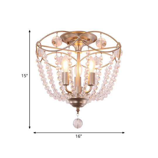 Rustic Basket 3-Light Crystal Strand Semi Flush Ceiling Mount in Gold - Bedroom Lighting