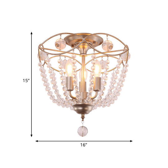 Rustic Basket 3-Light Crystal Strand Semi Flush Ceiling Mount In Gold - Bedroom Lighting