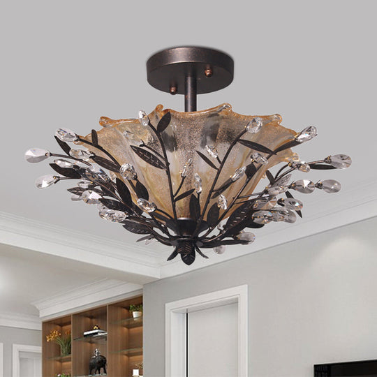 Modern Black Flared Semi-Flush Mount Ceiling Light with Amber Glass and Crystal Branch Accent – 2 Heads, Living Room Fixture