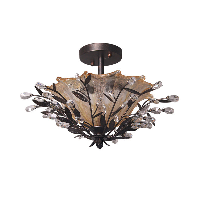 Modern Black Flared Semi-Flush Mount Ceiling Light with Amber Glass and Crystal Branch Accent – 2 Heads, Living Room Fixture