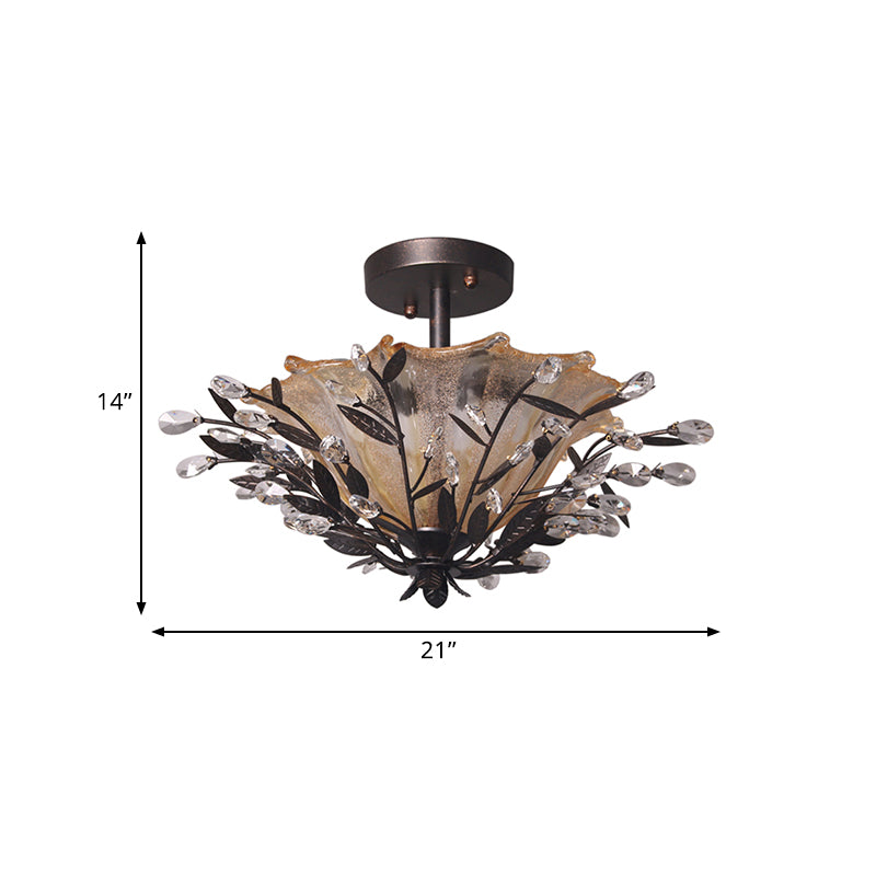 Modern Black Flared Semi-Flush Mount Ceiling Light with Amber Glass and Crystal Branch Accent – 2 Heads, Living Room Fixture