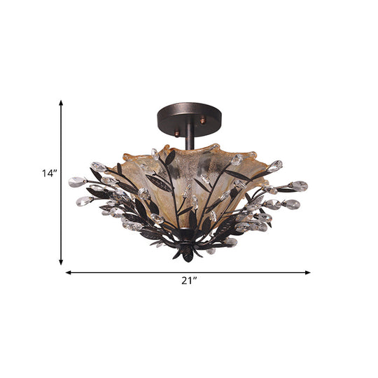 Modern Black Flared Semi-Flush Mount Ceiling Light with Amber Glass and Crystal Branch Accent – 2 Heads, Living Room Fixture