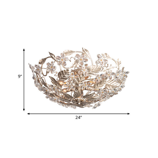 Modernist Flower Crystal Ceiling Mounted Fixture With Leaf Corridor Semi Mount Lighting