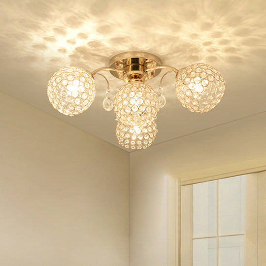 Minimalist Gold Semi-Flush Mount Light with Crystal-Embedded Shade - 6/9 Heads Ceiling Fixture