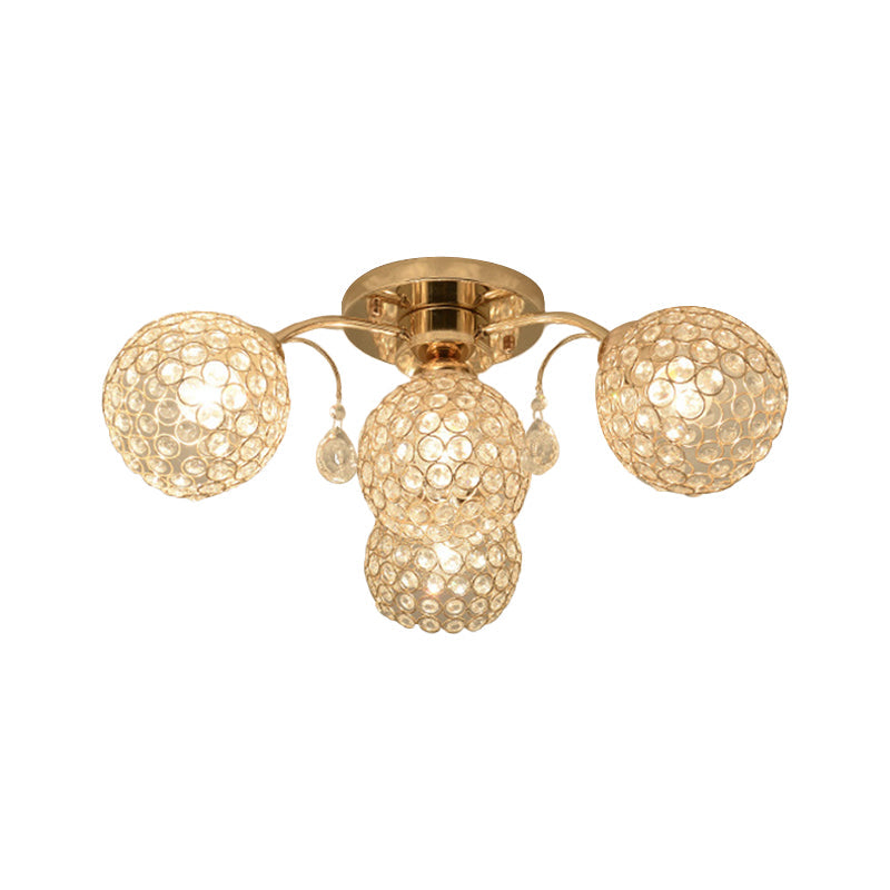 Minimalist Gold Semi-Flush Mount Light with Crystal-Embedded Shade - 6/9 Heads Ceiling Fixture