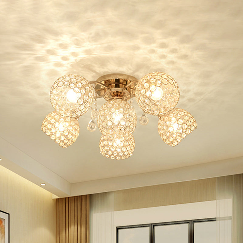 Minimalist Gold Semi-Flush Mount Light with Crystal-Embedded Shade - 6/9 Heads Ceiling Fixture