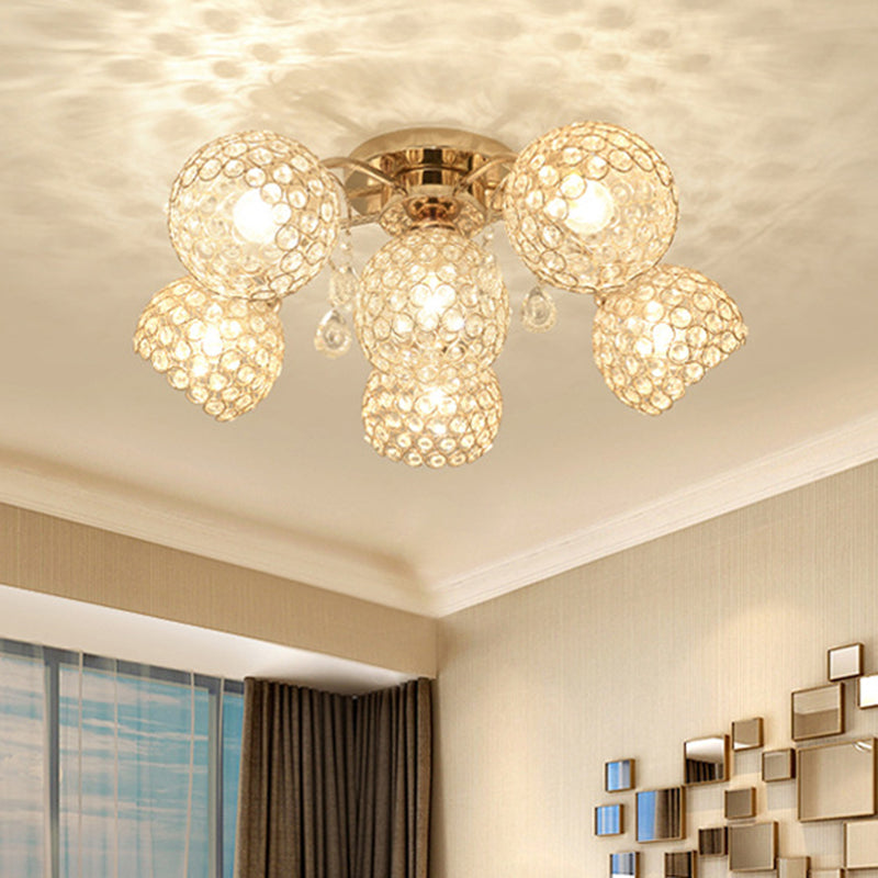 Minimalist Gold Semi-Flush Mount Light with Crystal-Embedded Shade - 6/9 Heads Ceiling Fixture