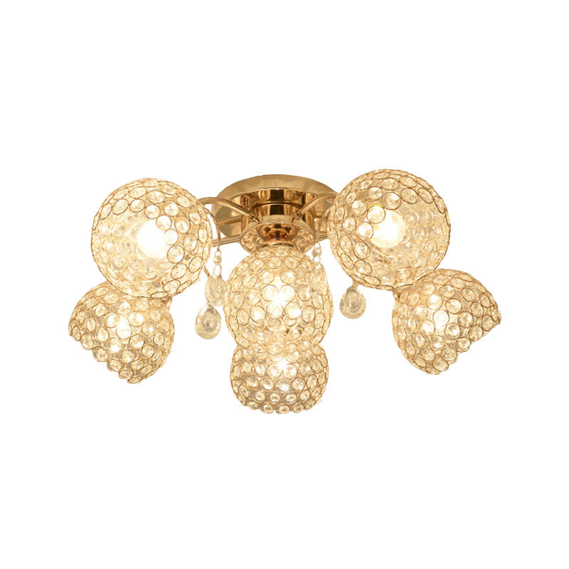 Minimalist Gold Semi-Flush Mount Light with Crystal-Embedded Shade - 6/9 Heads Ceiling Fixture