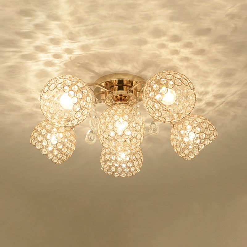 Minimalist Gold Semi-Flush Mount Light with Crystal-Embedded Shade - 6/9 Heads Ceiling Fixture