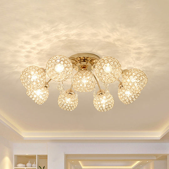 Minimalist Gold Semi-Flush Mount Light with Crystal-Embedded Shade - 6/9 Heads Ceiling Fixture