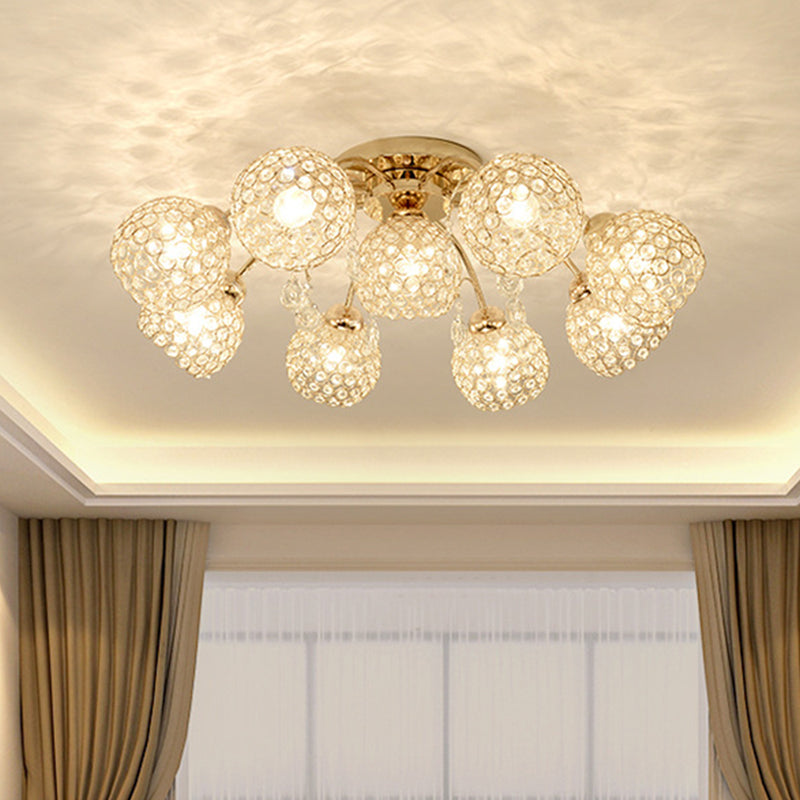 Minimalist Gold Semi-Flush Mount Light with Crystal-Embedded Shade - 6/9 Heads Ceiling Fixture