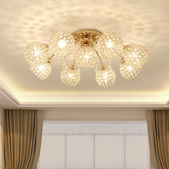 Minimalist Gold Semi-Flush Mount Light With Crystal-Embedded Shade - 6/9 Heads Ceiling Fixture