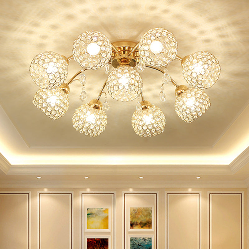 Minimalist Gold Semi-Flush Mount Light with Crystal-Embedded Shade - 6/9 Heads Ceiling Fixture