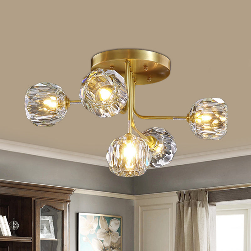 Modern Gold Crystal Semi Flush Light with Sputnik Design - 3/5-Light Ceiling Lighting