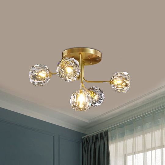 Modern Gold Crystal Semi Flush Light with Sputnik Design - 3/5-Light Ceiling Lighting