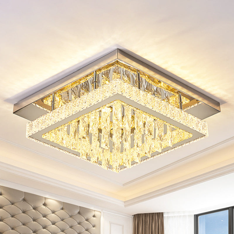 Modern Led Flush Mount Ceiling Light - Chrome Square Frame With Clear Crystal & Waterfall Design For