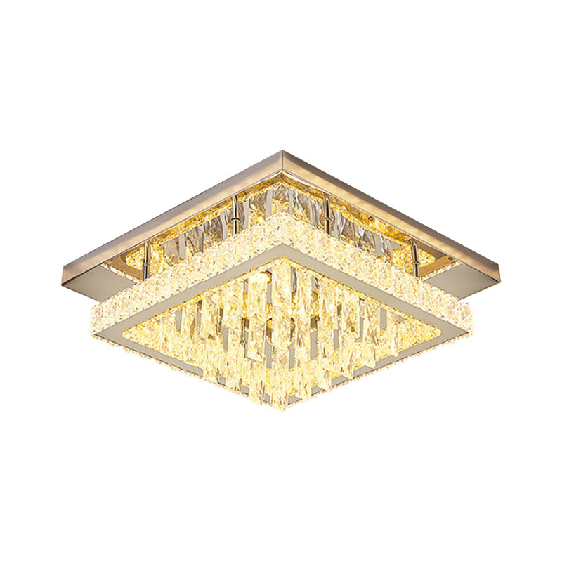 Modern Led Flush Mount Ceiling Light - Chrome Square Frame With Clear Crystal & Waterfall Design For