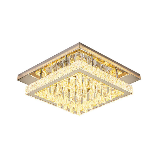 Modern Led Flush Mount Ceiling Light - Chrome Square Frame With Clear Crystal & Waterfall Design For