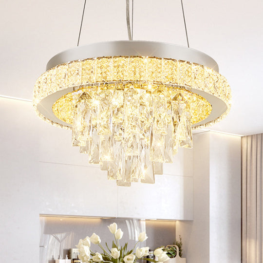 Modern LED Crystal Ceiling Light Fixture with Cascading Facets in Chrome Hoop Design