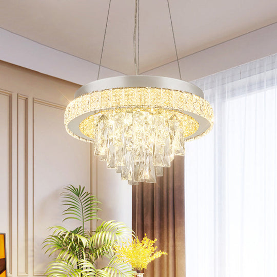 Modern LED Crystal Ceiling Light Fixture with Cascading Facets in Chrome Hoop Design