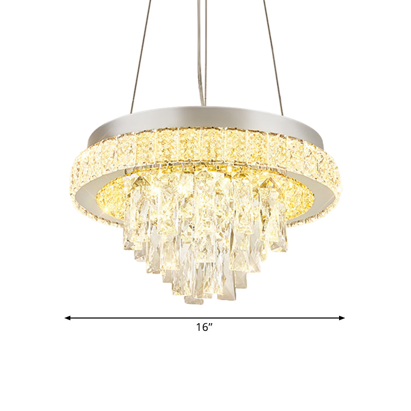 Modern LED Crystal Ceiling Light Fixture with Cascading Facets in Chrome Hoop Design