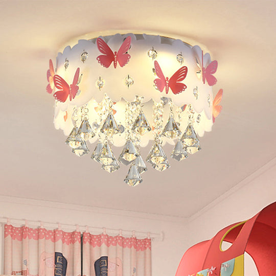 Teardrop Crystal Flush Mount Ceiling Lamp with Butterfly Design - Simple and Elegant Pink Bedroom Lighting (4/6-Light)