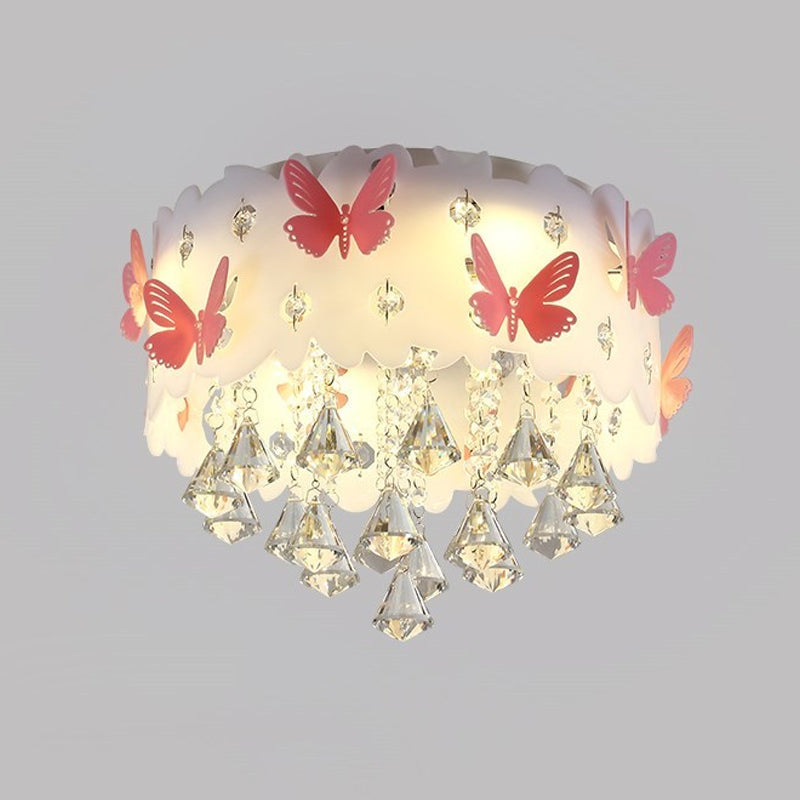 Teardrop Crystal Flush Mount Ceiling Lamp with Butterfly Design - Simple and Elegant Pink Bedroom Lighting (4/6-Light)