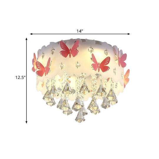 Teardrop Crystal Flush Mount Ceiling Lamp With Butterfly Design - Simple And Elegant Pink Bedroom