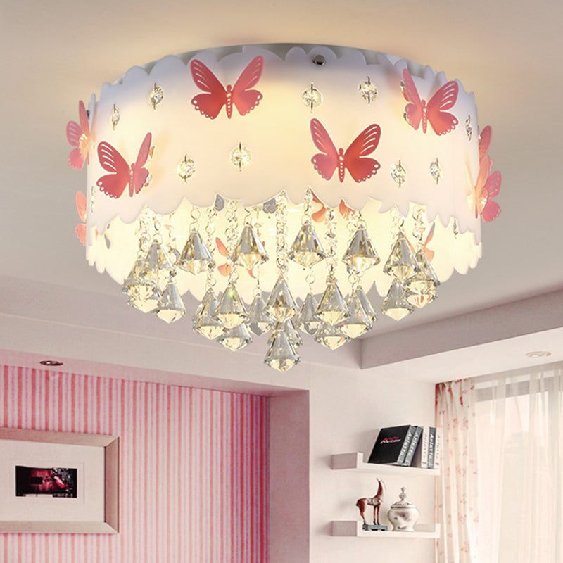 Teardrop Crystal Flush Mount Ceiling Lamp With Butterfly Design - Simple And Elegant Pink Bedroom