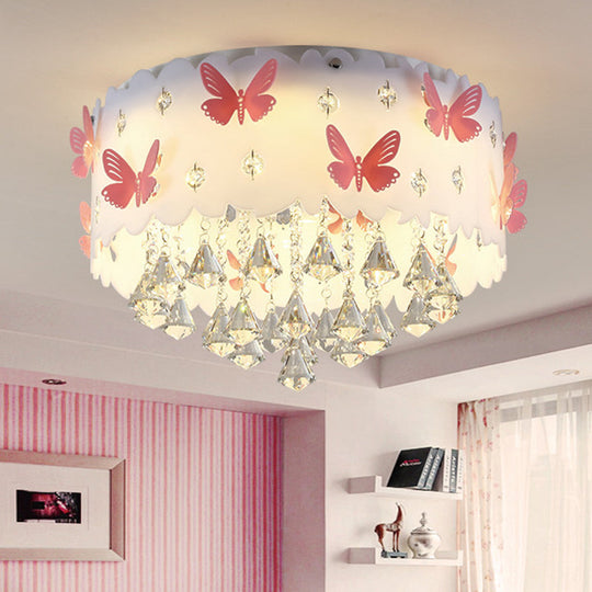 Teardrop Crystal Flush Mount Ceiling Lamp With Butterfly Design - Simple And Elegant Pink Bedroom