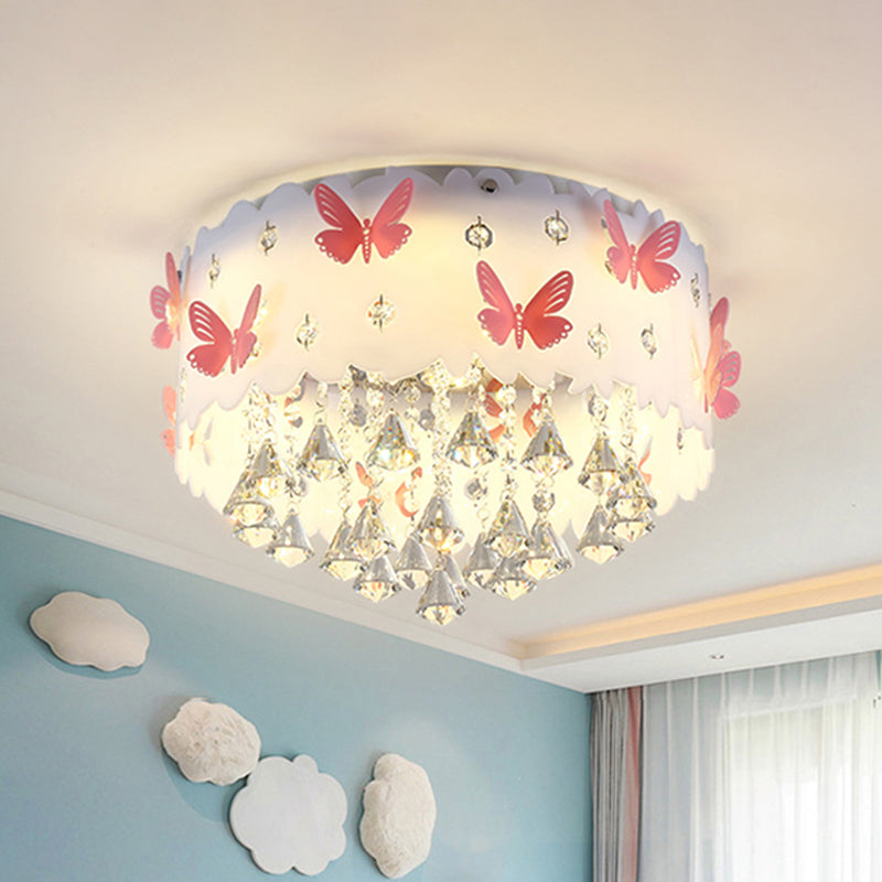 Teardrop Crystal Flush Mount Ceiling Lamp with Butterfly Design - Simple and Elegant Pink Bedroom Lighting (4/6-Light)