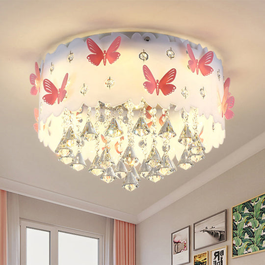 Teardrop Crystal Flush Mount Ceiling Lamp With Butterfly Design - Simple And Elegant Pink Bedroom