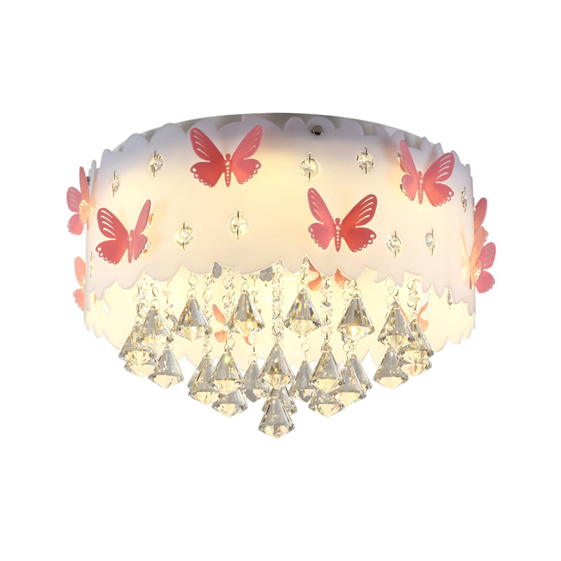 Teardrop Crystal Flush Mount Ceiling Lamp With Butterfly Design - Simple And Elegant Pink Bedroom