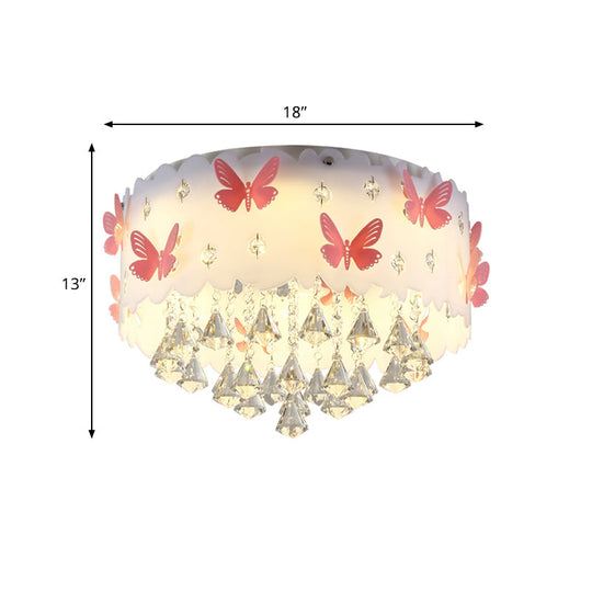 Teardrop Crystal Flush Mount Ceiling Lamp With Butterfly Design - Simple And Elegant Pink Bedroom