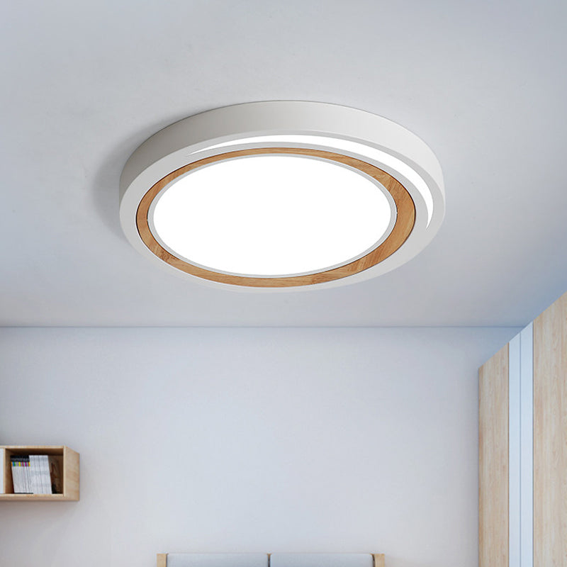 Acrylic LED Drum Ceiling Light for Kids' Bedroom with Wood Ring - White/Pink/Green Flush Mount Fixture