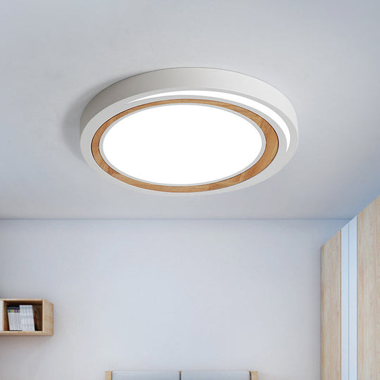 Acrylic LED Drum Ceiling Light for Kids' Bedroom with Wood Ring - White/Pink/Green Flush Mount Fixture