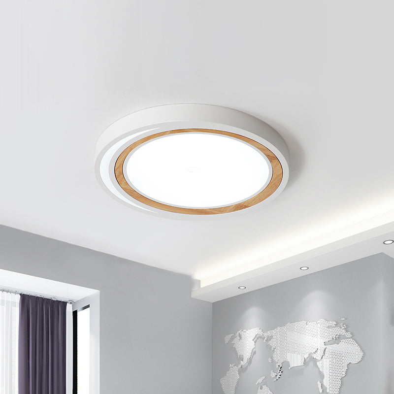 Acrylic LED Drum Ceiling Light for Kids' Bedroom with Wood Ring - White/Pink/Green Flush Mount Fixture